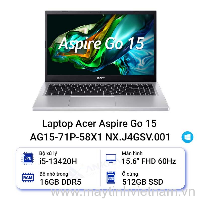 Laptop Acer Aspire Go 15 AG15-71P-58X1 NX.J4GSV.001 (Intel Core i5-13420H | 16GB | 512GB | Intel UHD | 15.6 inch FHD | Win 11 | Bạc)
